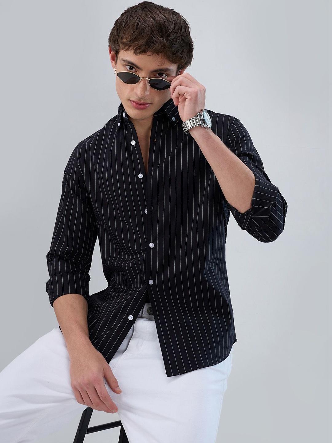 VASTRADO Black Striped Button Down Collar Shirt