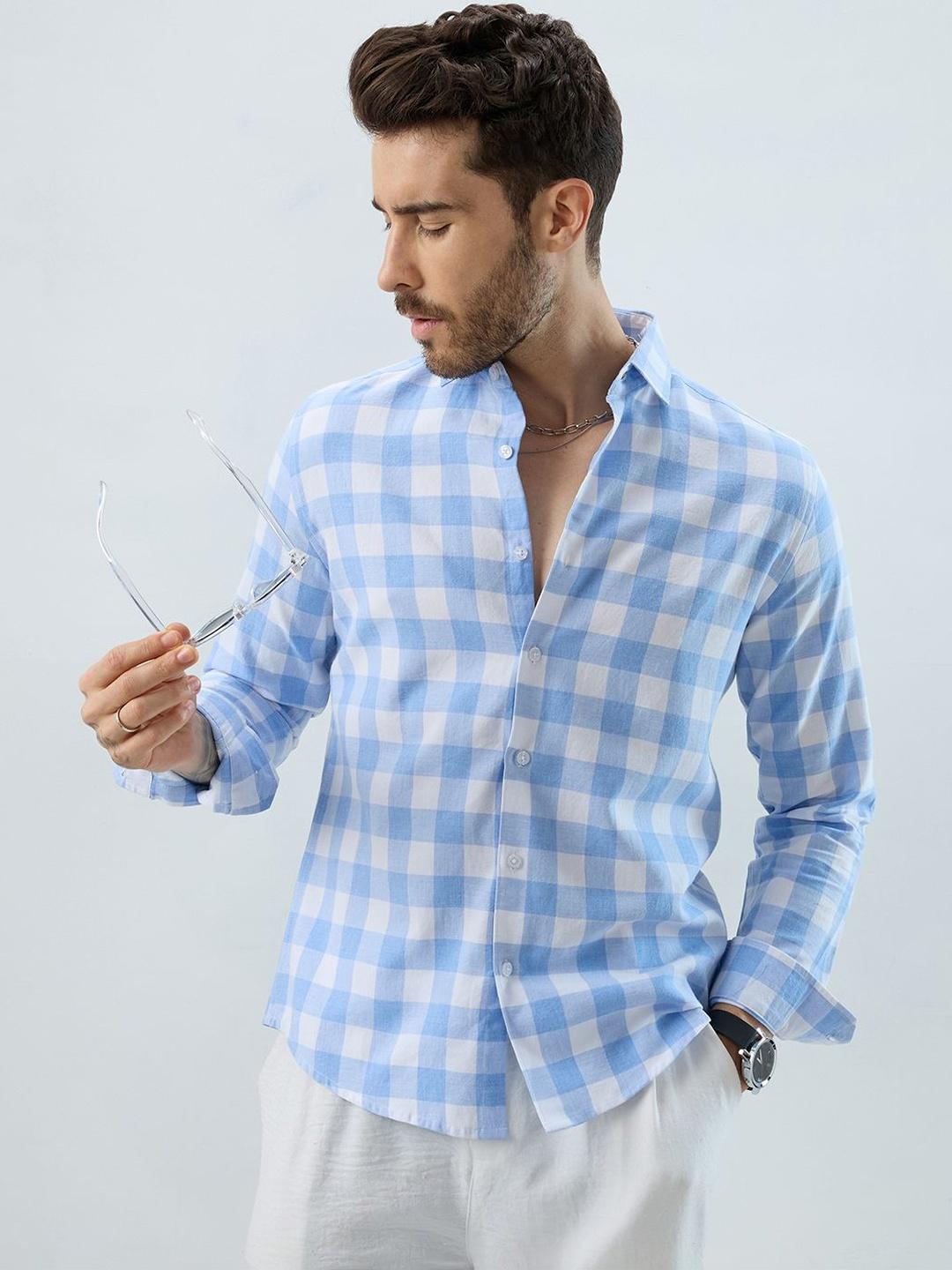 VASTRADO Refreshing Sky Blue Milange Gingham Checks Shirt