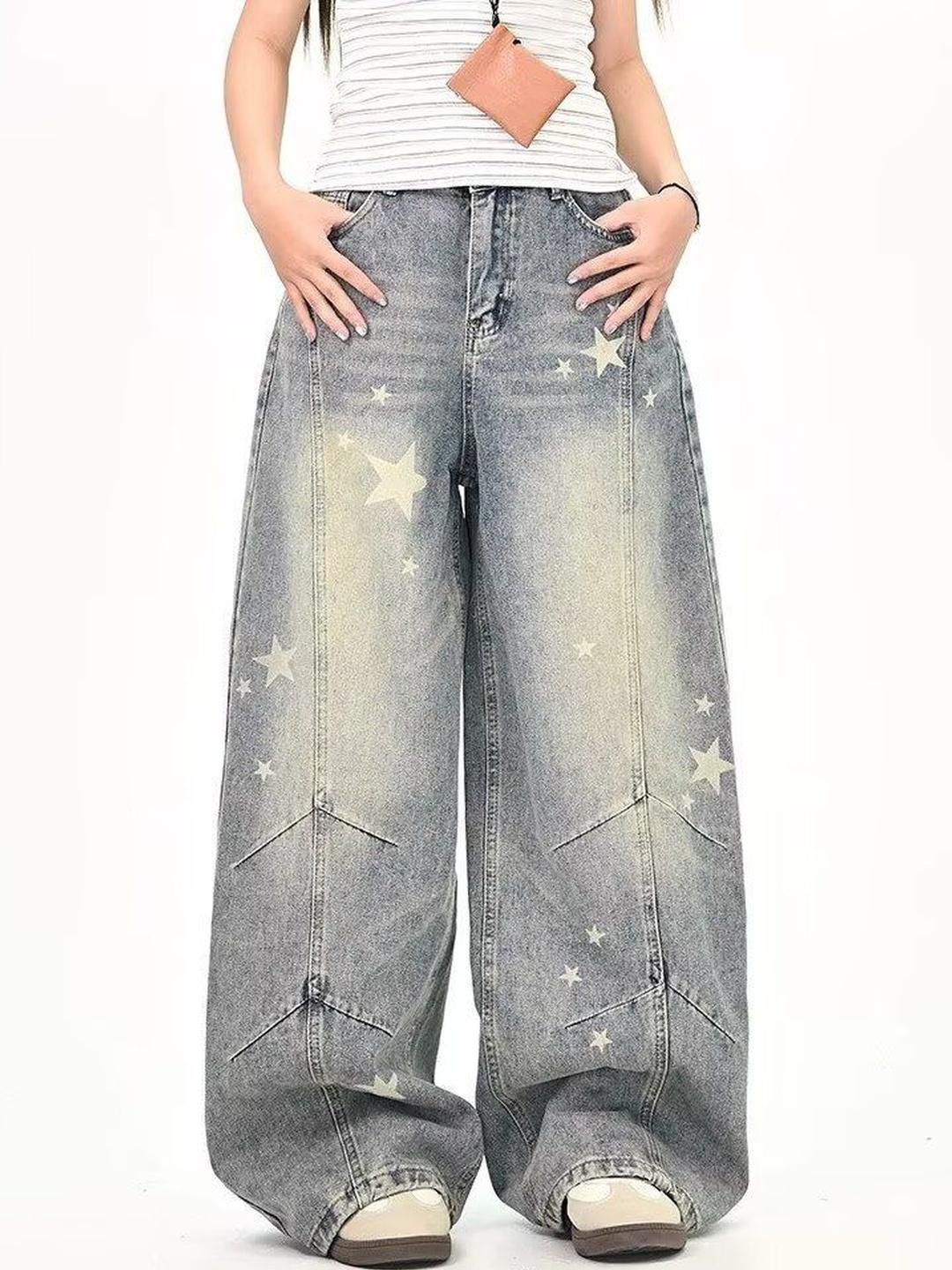 Suo Women Wide Leg Mid-Rise Light Fade Printed Jeans - Image 1
