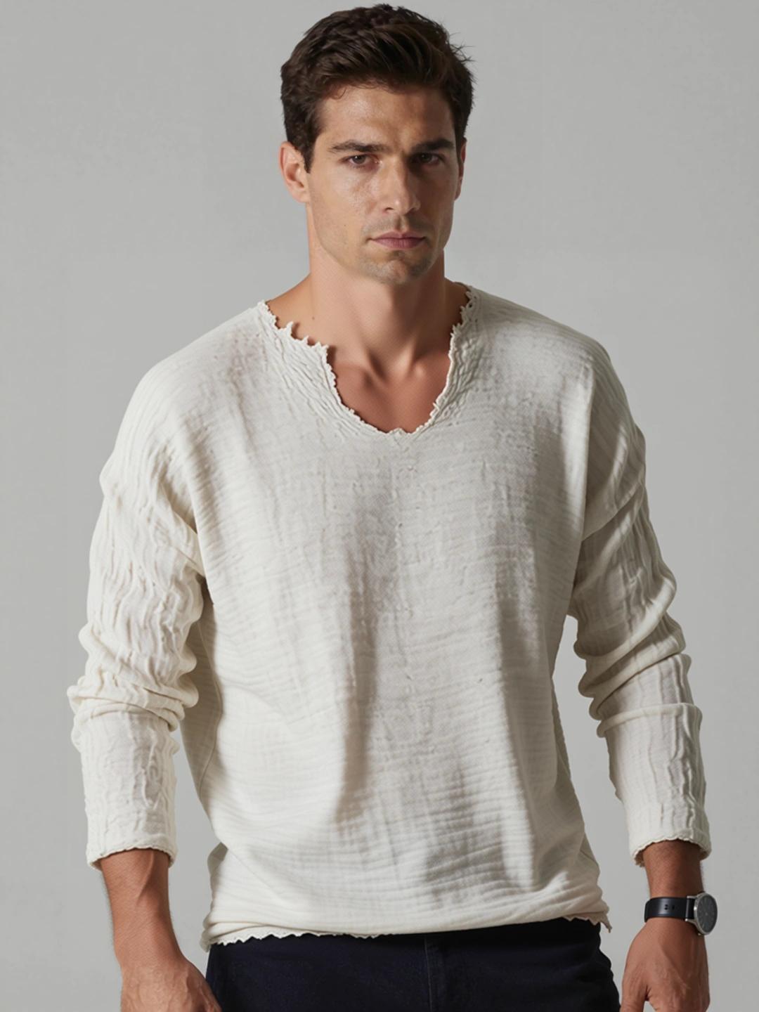 ANDREW HILL Men V-Neck Raw Edge T-Shirt - Image 1