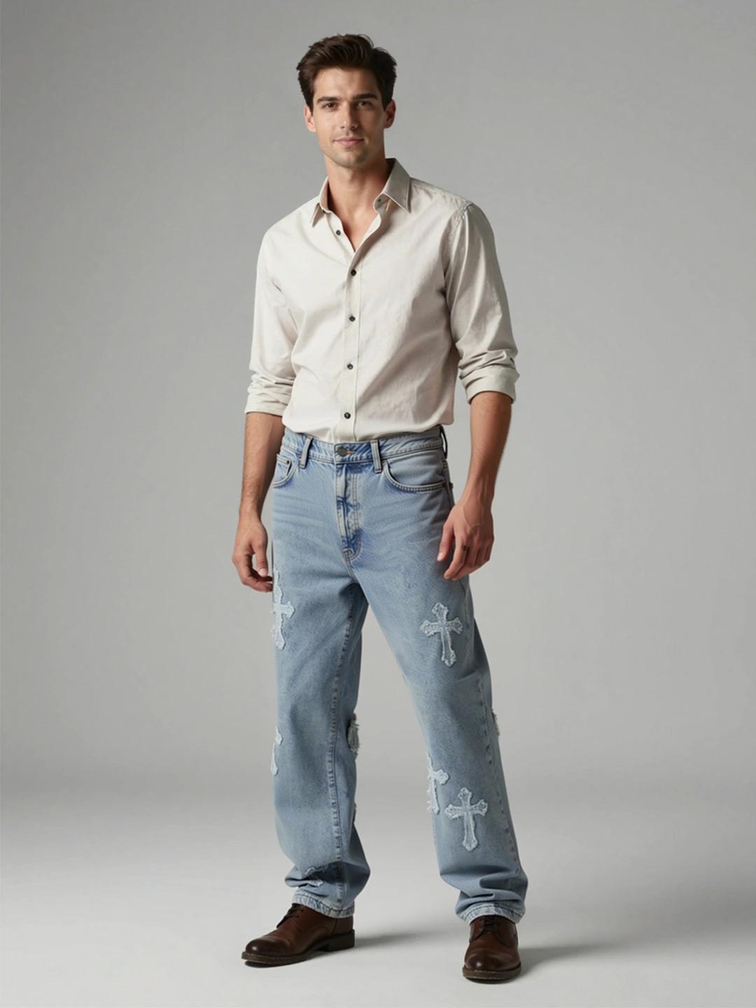 Buy ANDREW HILL Men Baggy Mid-Rise Distressed Light Fade Jeans