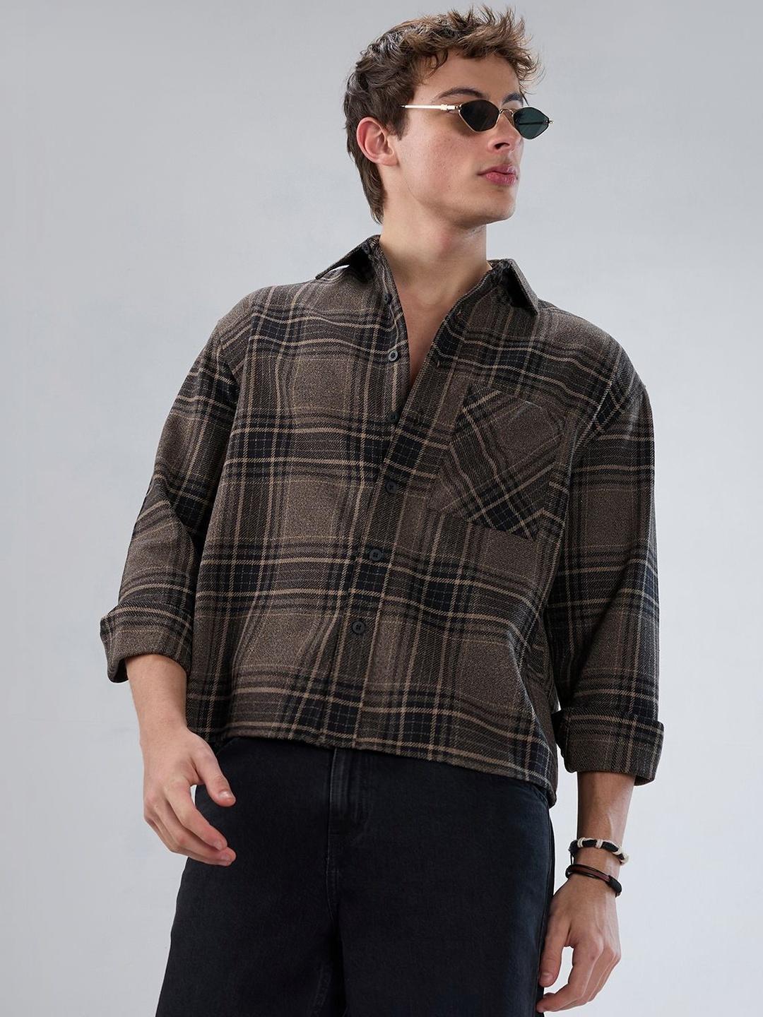 VASTRADO Black & Peanut Brown Plaid Checks Boxy Fit Crop Shirt - Image 1