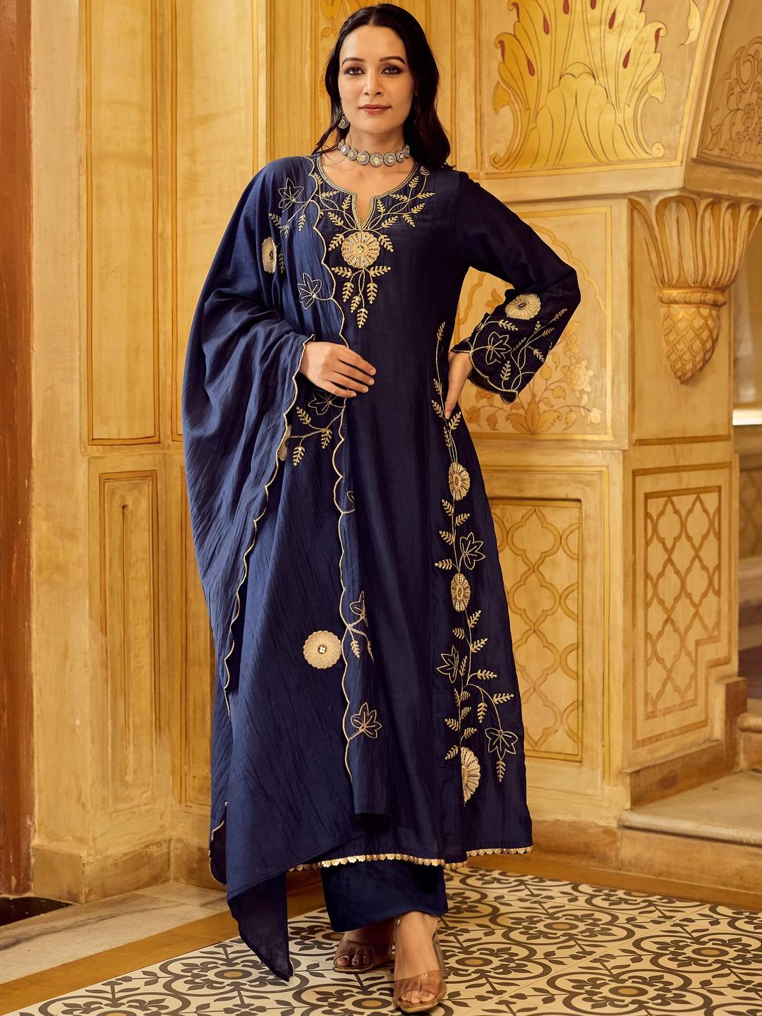Woomn Women Ethnic Motifs Embroidered Regular Thread Work Chanderi Silk Kurta with Trousers & With Dupatta