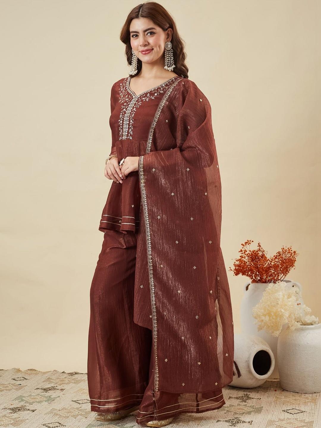 MOKOSH Women Silk Embroidered Kurta And Sharara Set With Dupatta