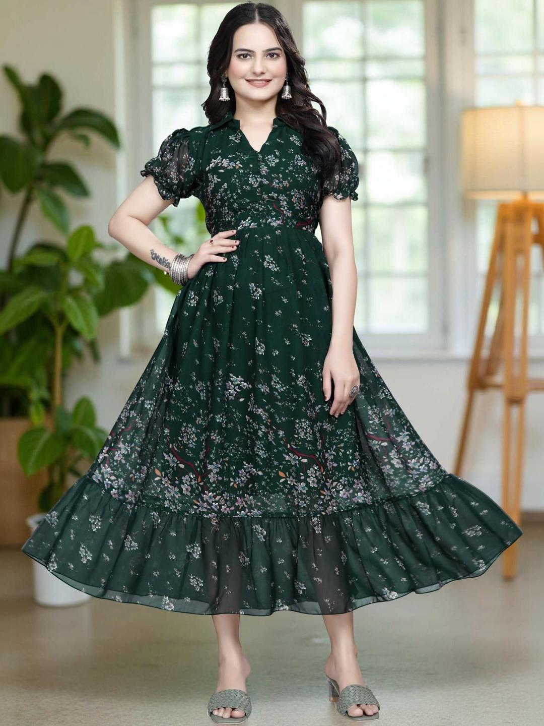 Buy QENA Floral Print Puff Sleeve Ruffled Georgette Fit & Flare