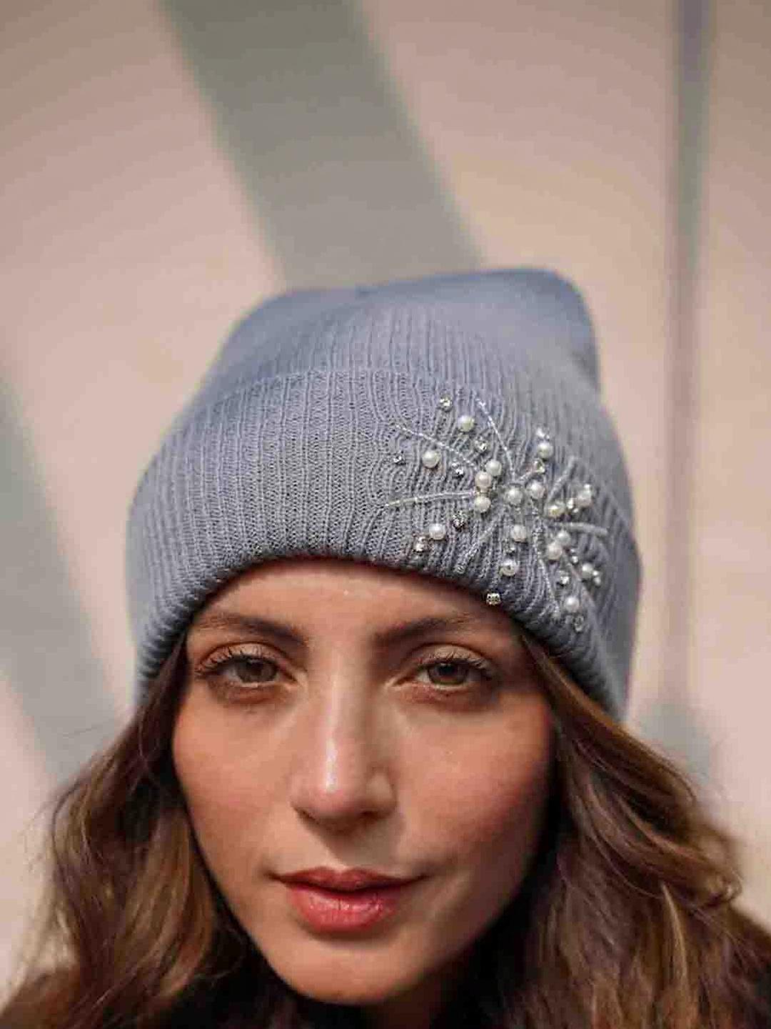 Buy HAIR DRAMA CO. Women Grey Crystals & Pearls Woollen Beanie
