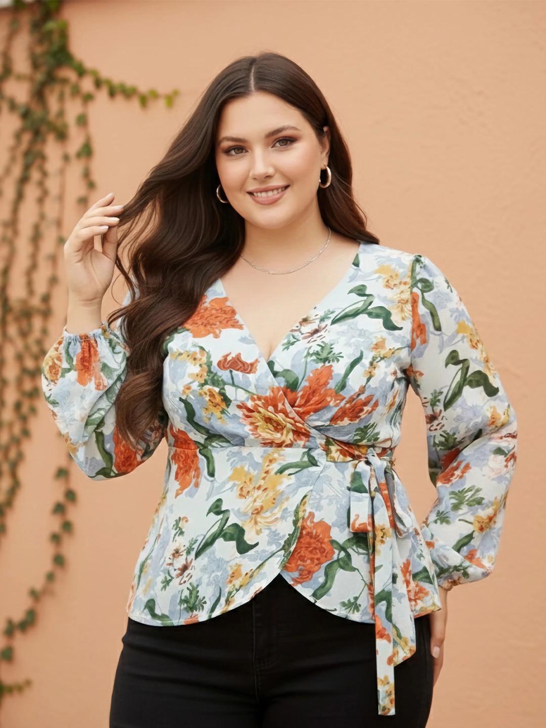 Buy Berrylush Curve Floral Printed Plus Size Wrap Top - Tops for