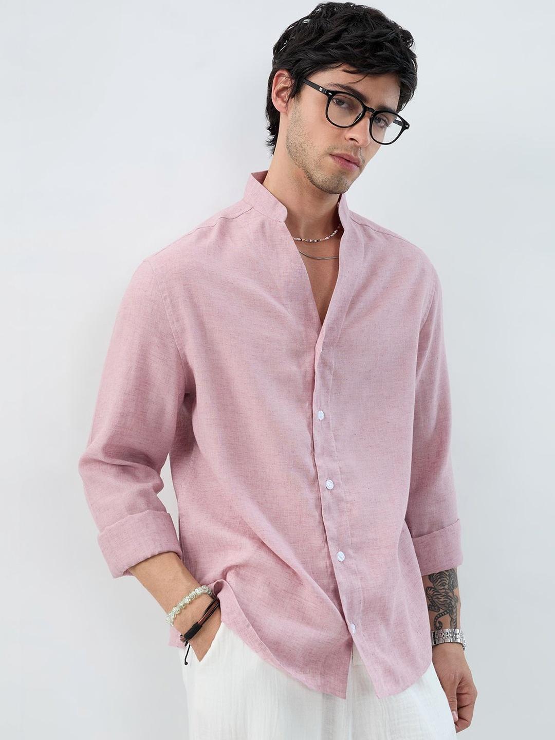 VASTRADO Han Pink Linen Blend Stand-Collar Oversized Shirt - Image 1