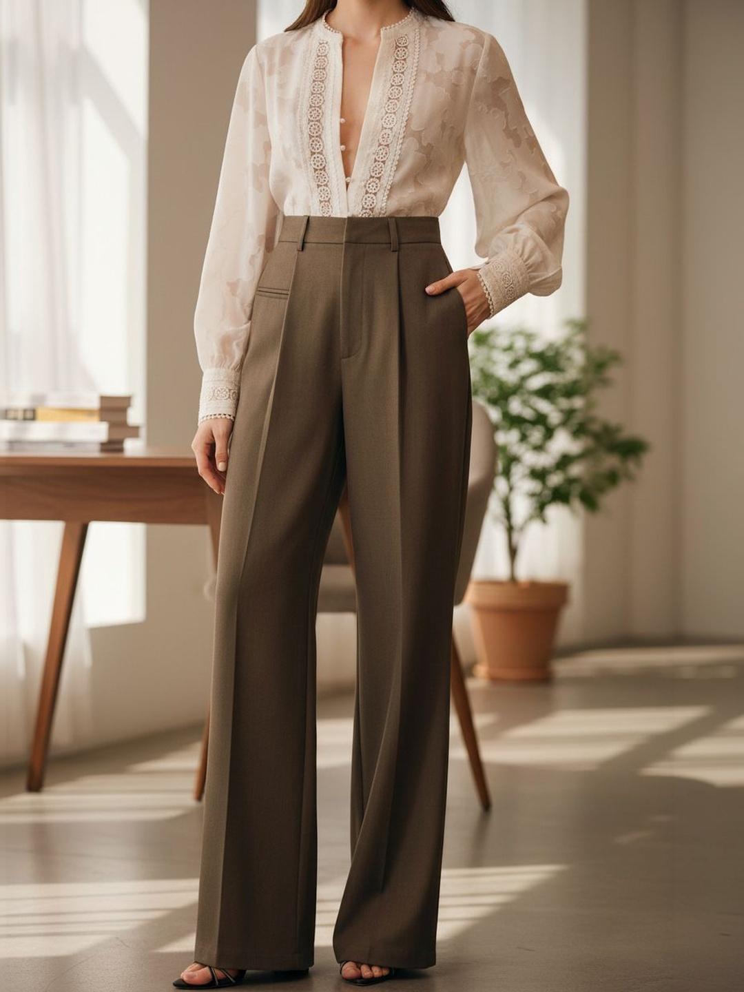 COVZ Women Smart Loose Fit High-Rise Easy Wash Pleated Trousers