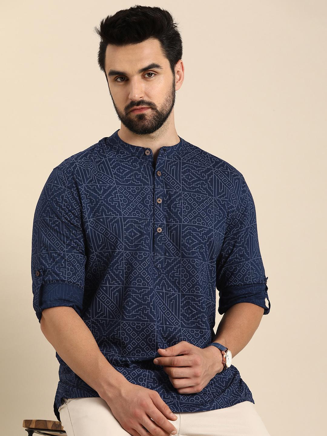 Anouk Men Navy Blue Geometric Printed Mandarin Collar Kurta