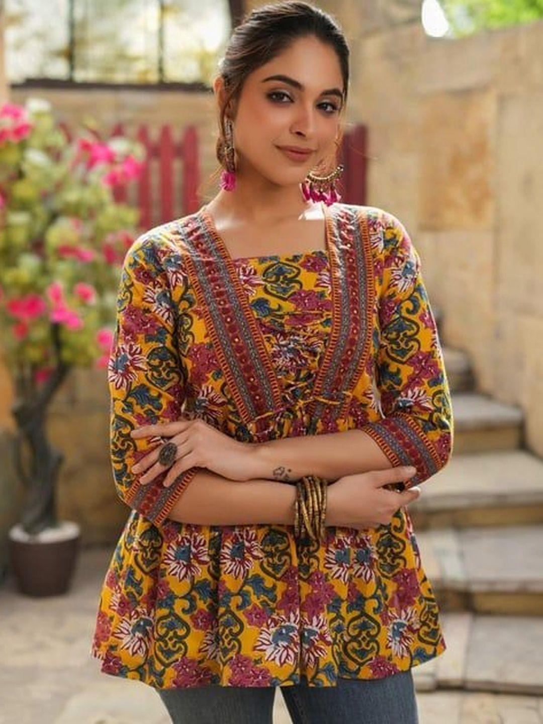 Roopmytra Floral Printed Square Neck Peplum Top
