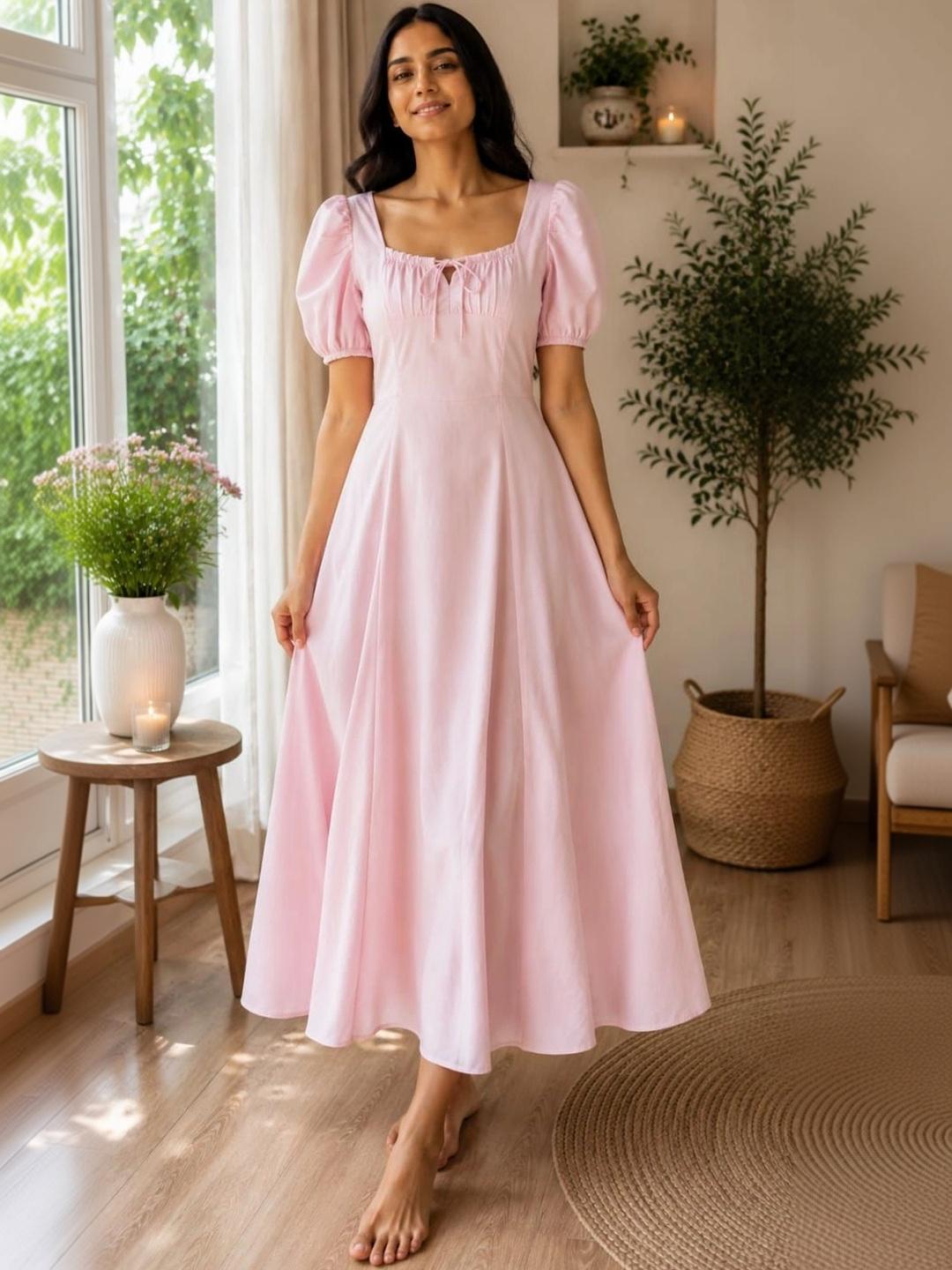 CLOTHES222 Puff Sleeve Ruffled A-Line Midi Dress - Image 1