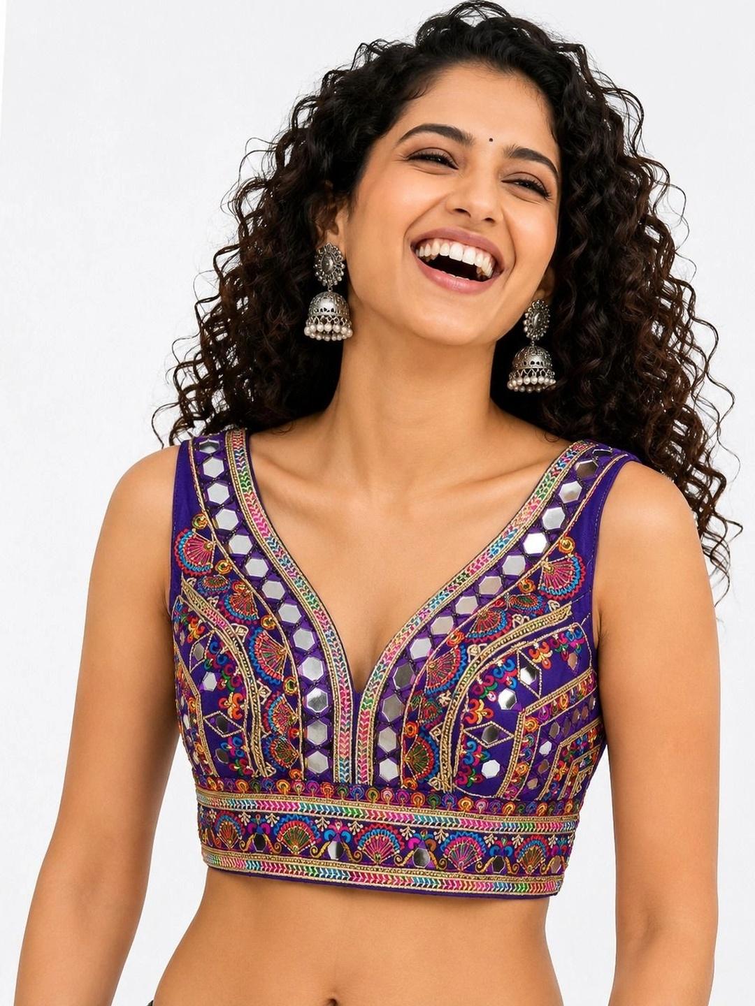 Pramukh Mart Silk Embroidered Mirror Work Saree Blouse