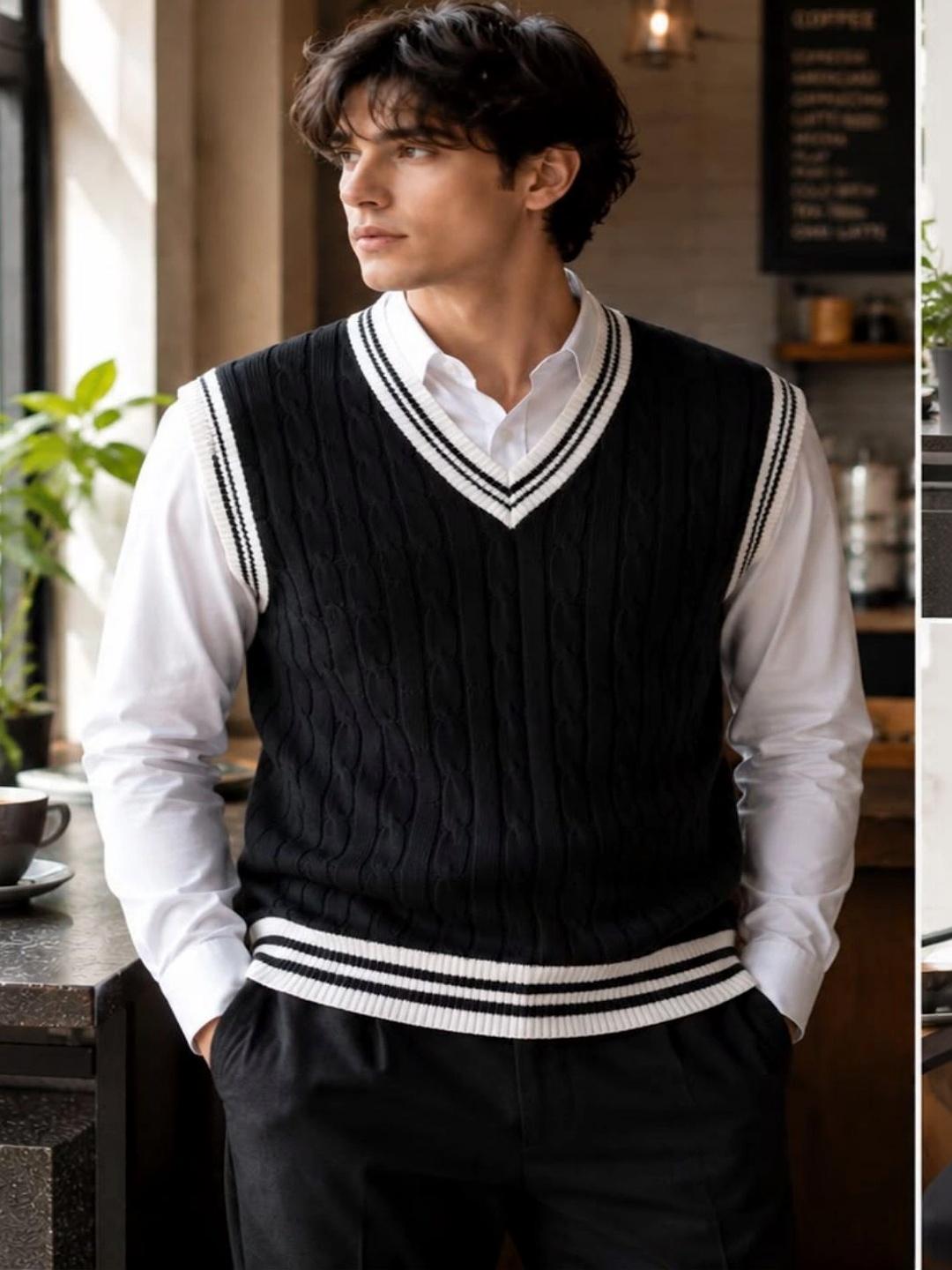 KARAMKAR Men Cable Knit Sleeveless Woollen Sweater Vest - Image 1