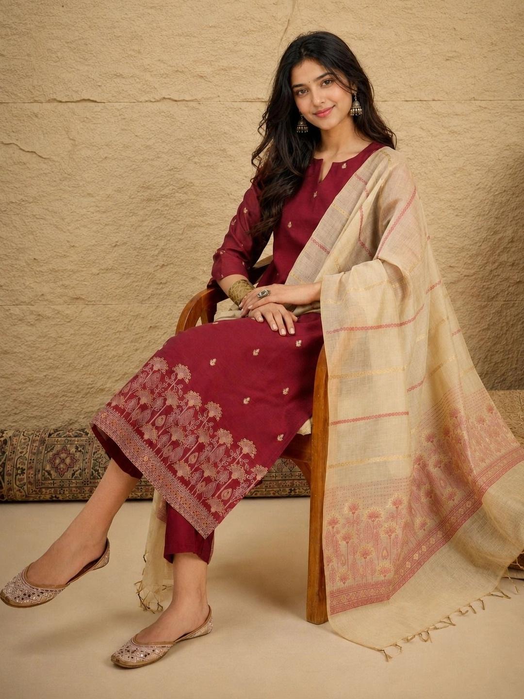 Anouk Women's Embroidered Chanderi Kurta Set with Dupatta - Image 1