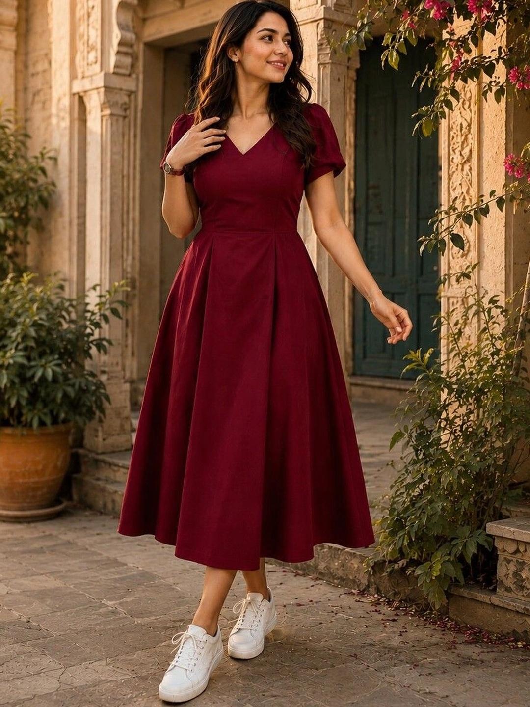 SYYNCRO Puff Sleeve Fit & Flare Midi Dress - Image 1