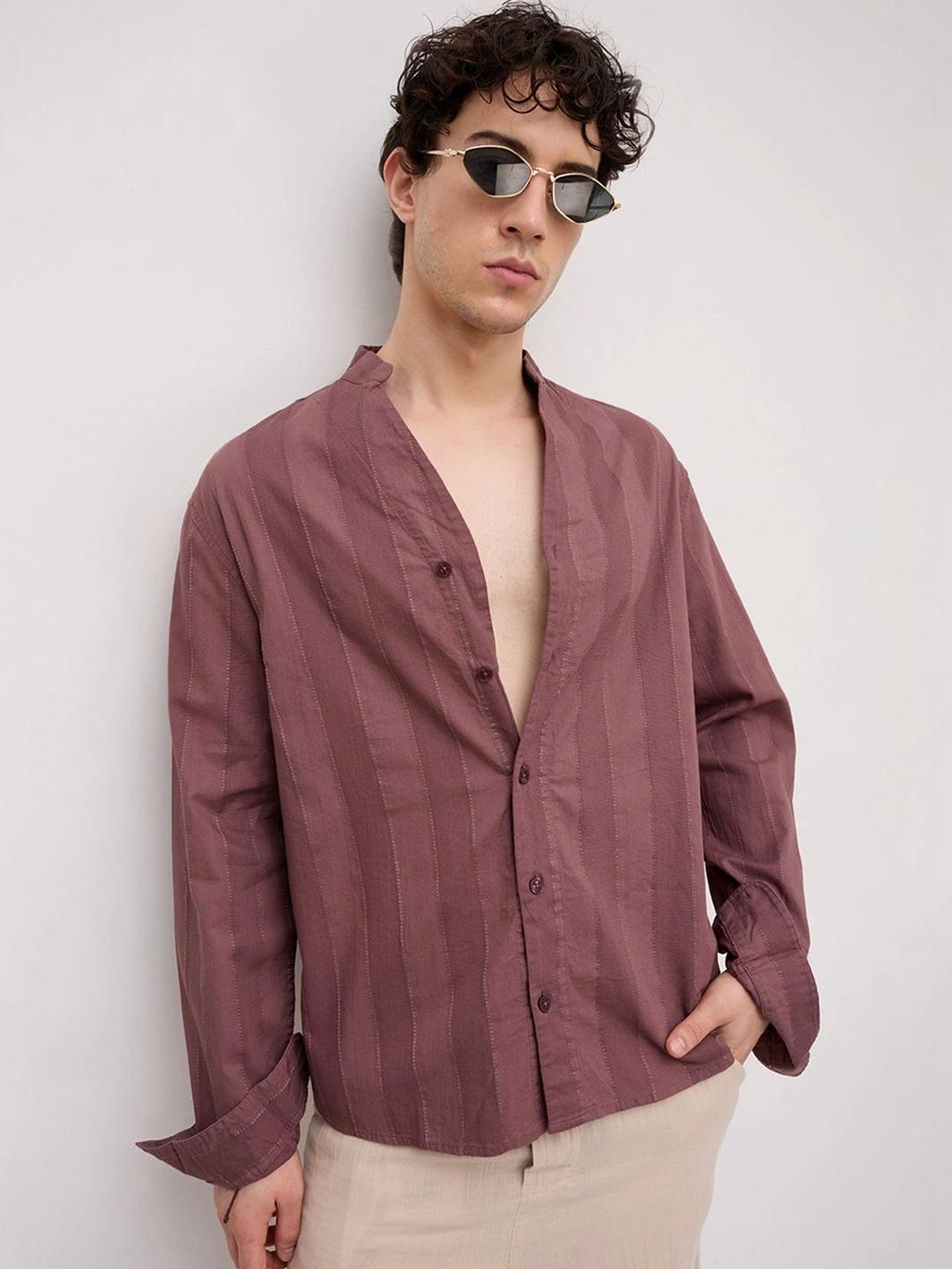 VASTRADO Deep Mauve Panel Textured Stand Collar Oversized Shirt - Image 1