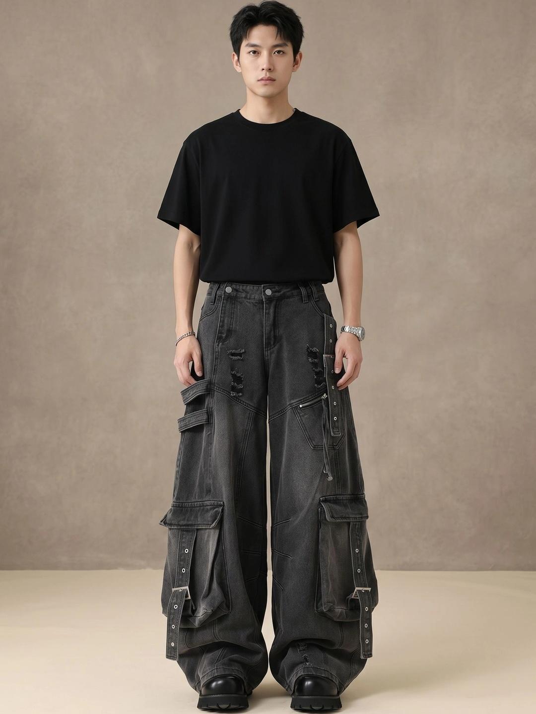 ATELIER REBEL Men Wide Leg Mid-Rise Distressed Jeans - Image 1