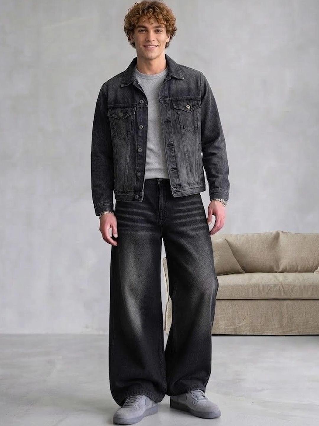 WOOMNY Men Wide Leg Mid-Rise Low Distress Light Fade Jeans