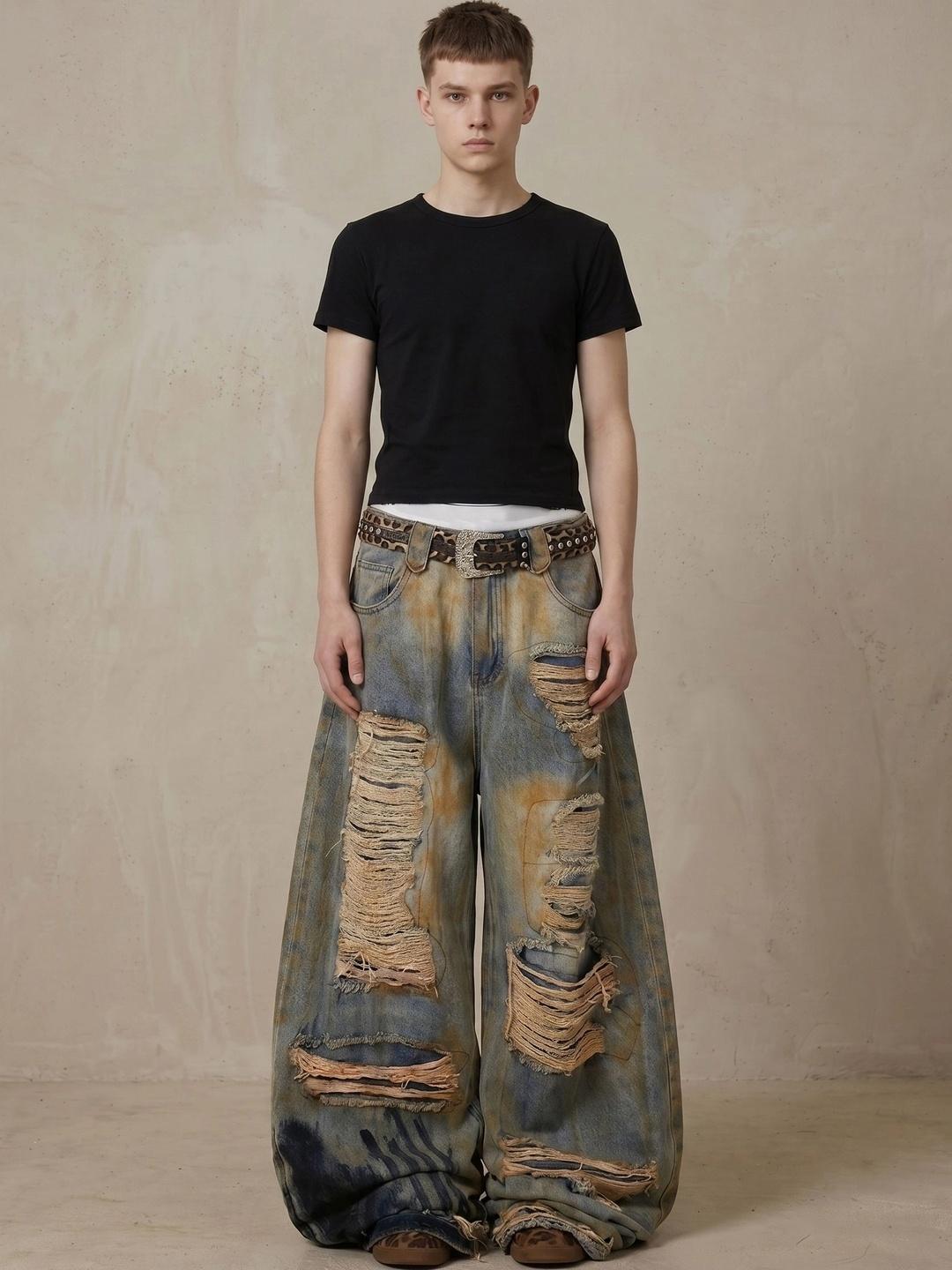 ATELIER REBEL Men Wide Leg Mid-Rise Highly Distressed Light Fade Jeans