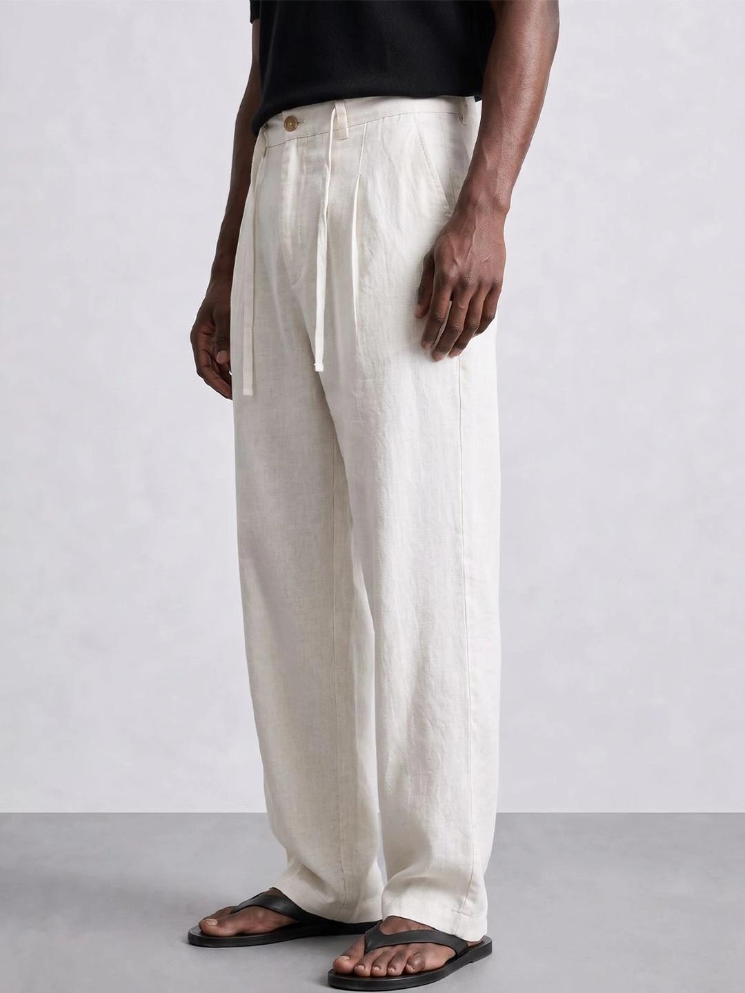 Powerlook Beige Natural Linen Solid Trousers