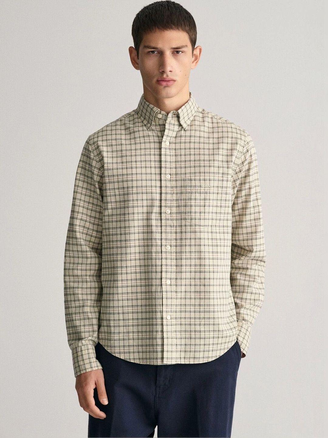 GANT Men Beige Checked Cotton Oxford Shirt - Image 1