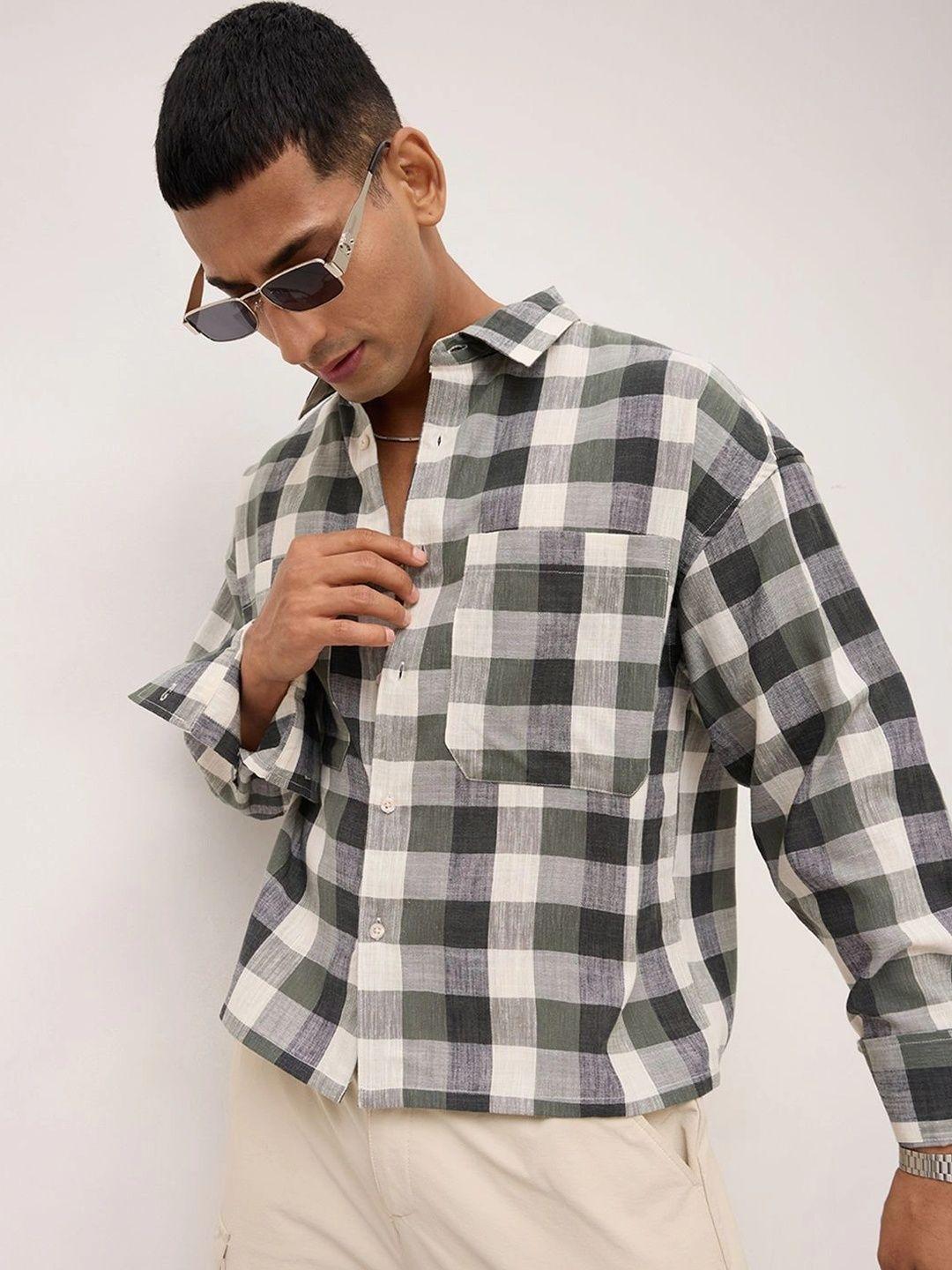 VASTRADO Olive Block Checks Crop Shirt - Image 1