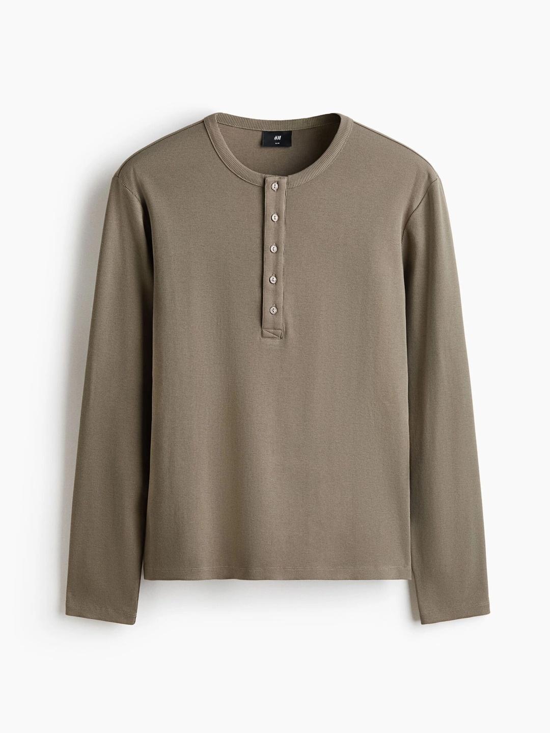 H&M Slim Fit Ribbed Henley Shirt - Image 1