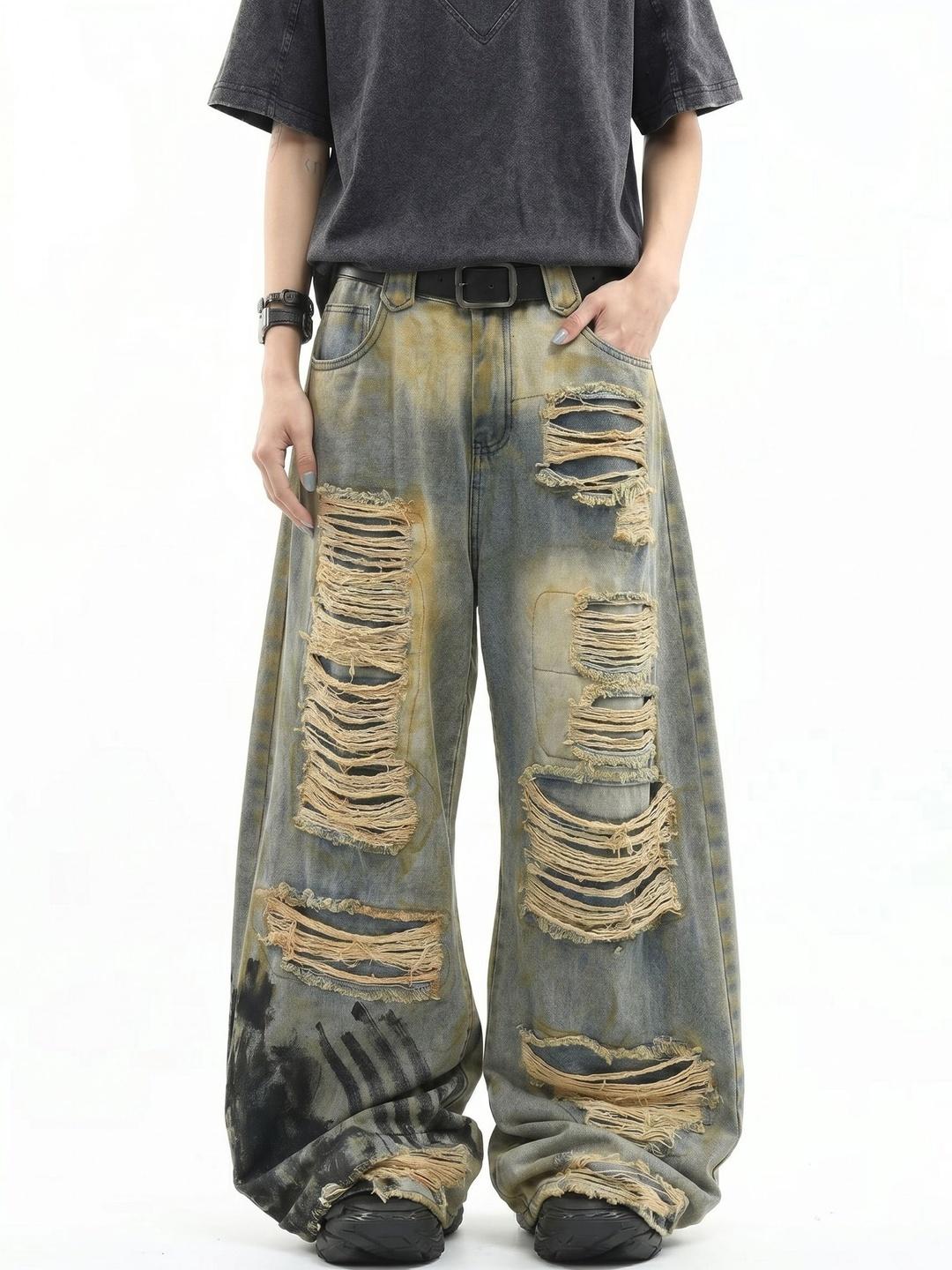 Suo Men Wide Leg Mid-Rise Distressed Light Fade Jeans - Image 1