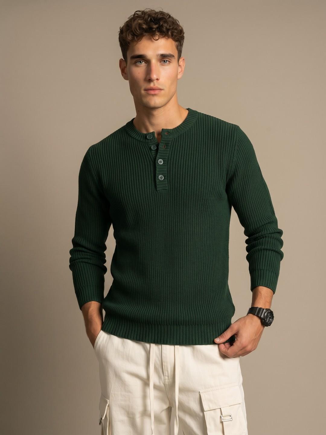 glitchez Ribbed Henley Neck Relaxed Fit Sweater - Image 1
