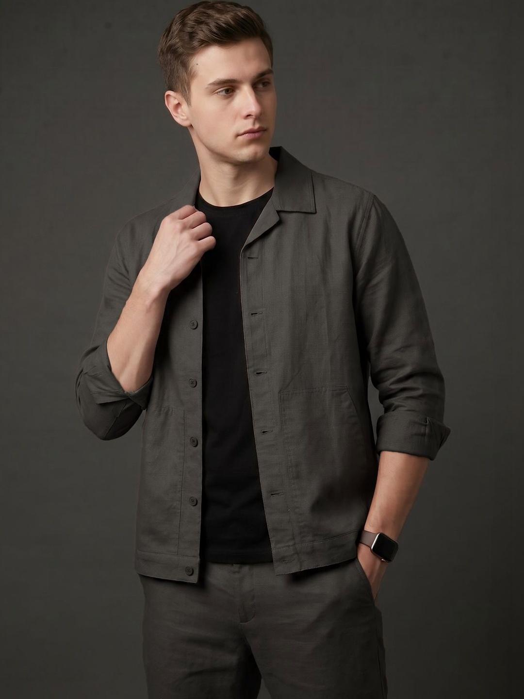 HE SPOKE Men Solid Casual Linen Blend Breathable Shacket