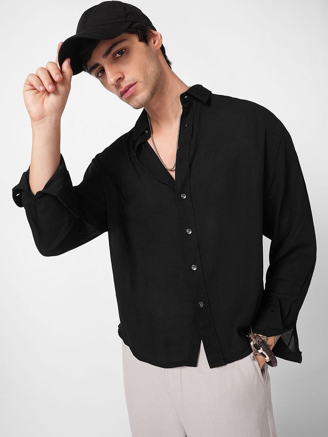 VASTRADO Black Crinkled Boxy Fit Crop Shirt - Image 1