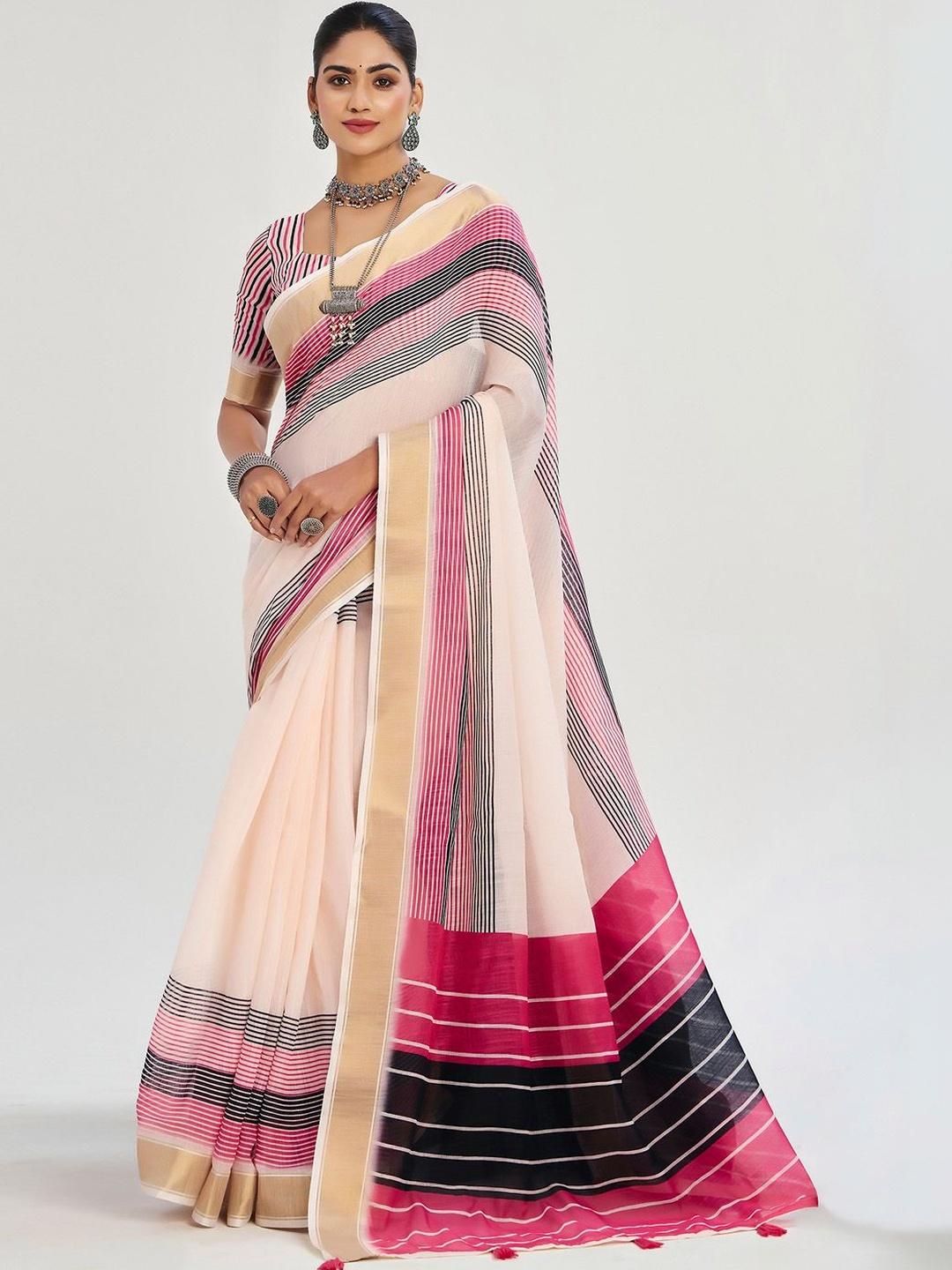 Saree mall Striped Linen Blend Designer Sarees