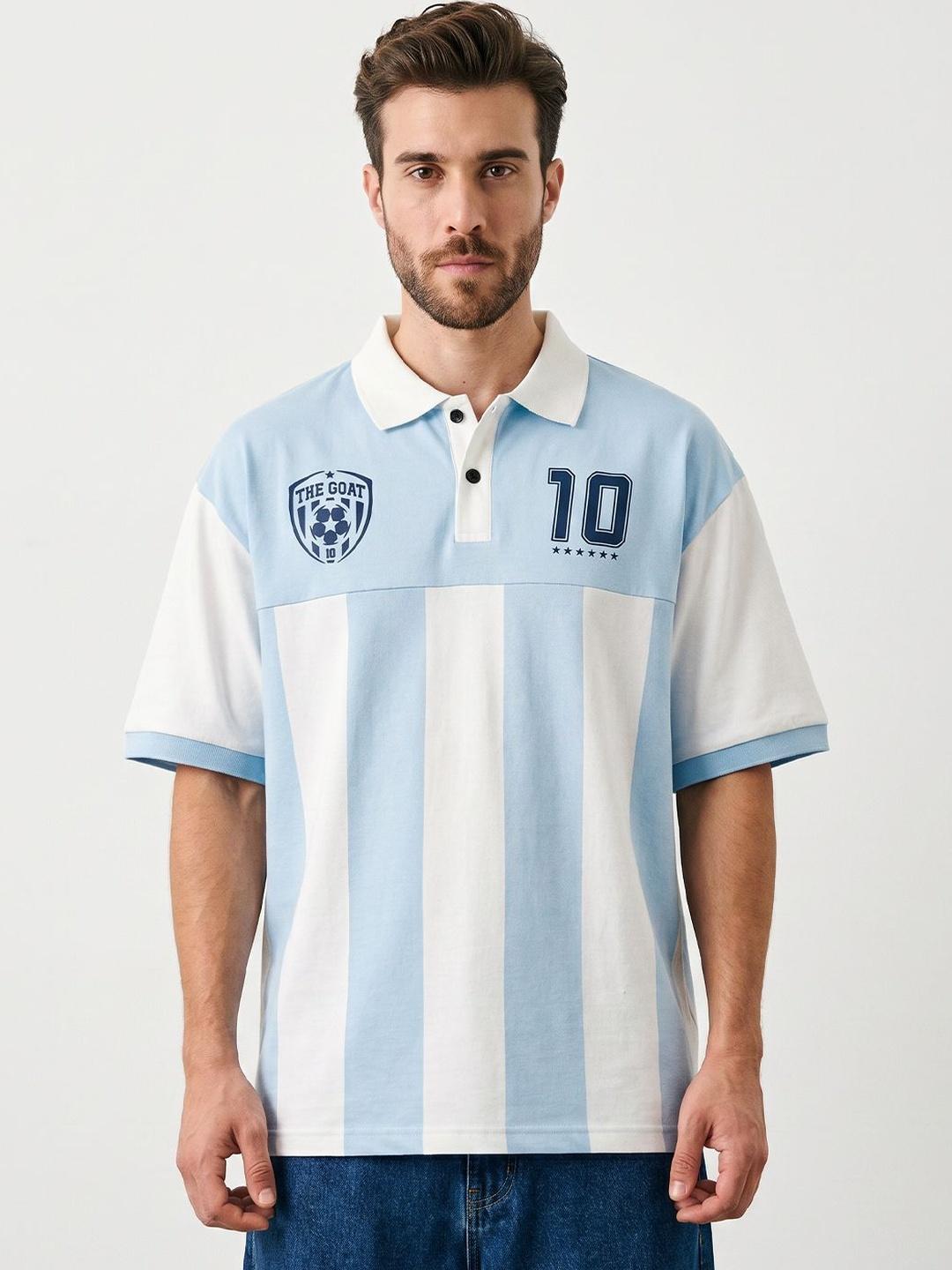 Crazymonk Oversized The Goat Striped Polo Collar Cotton T-Shirt - Image 1
