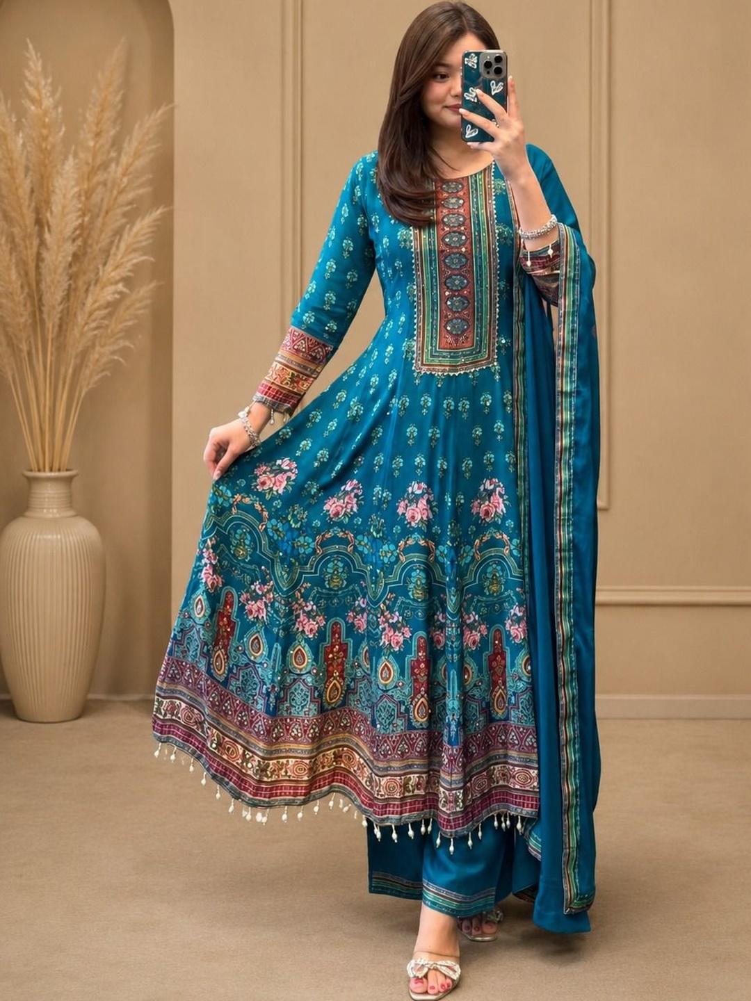 Dropped Floral Chiffon Handloom Anarkali Kurti - Image 1
