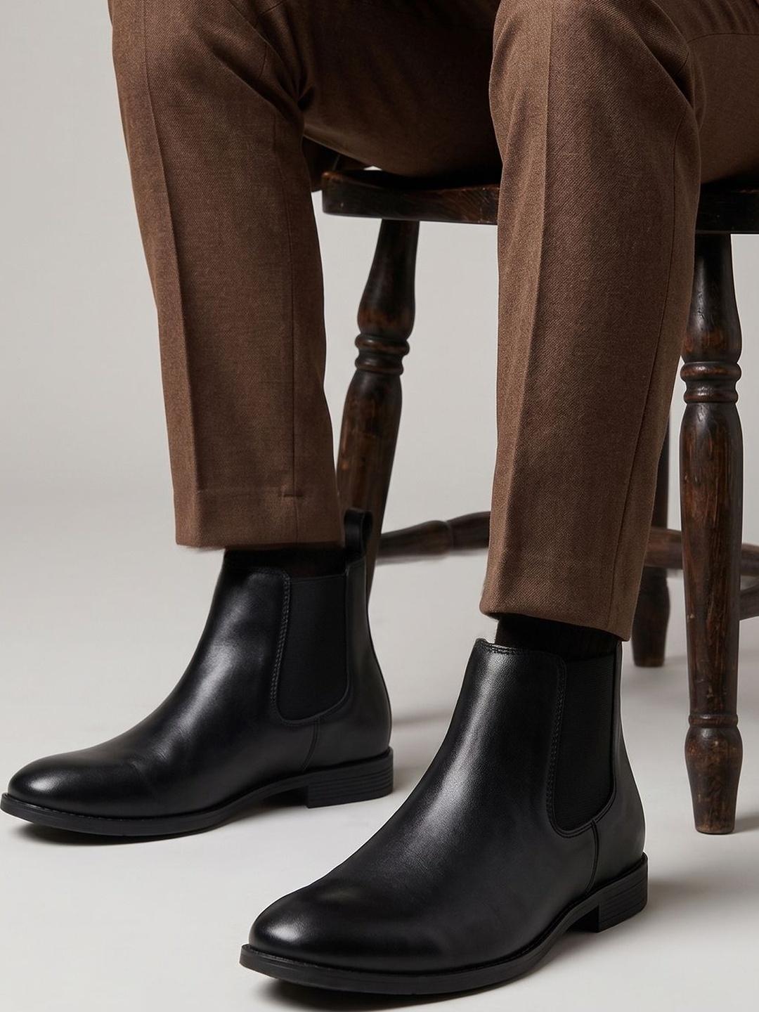 House of Pataudi Men Black Leather Chelsea Boots