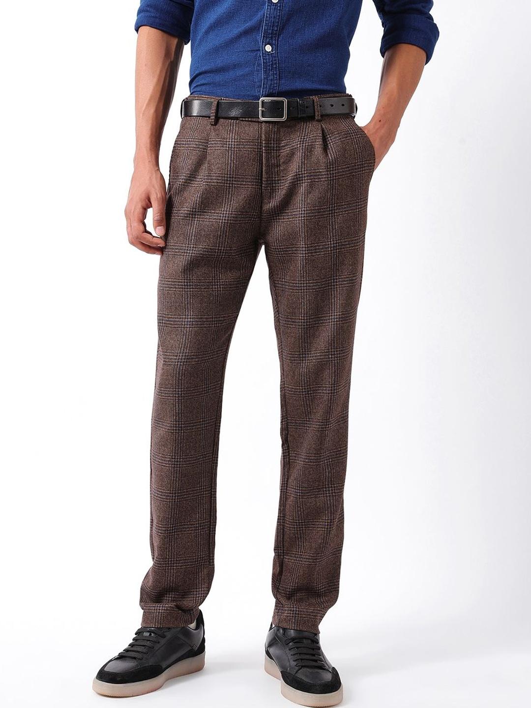 THE BEAR HOUSE Men Brown Checked Pleated Trousers
