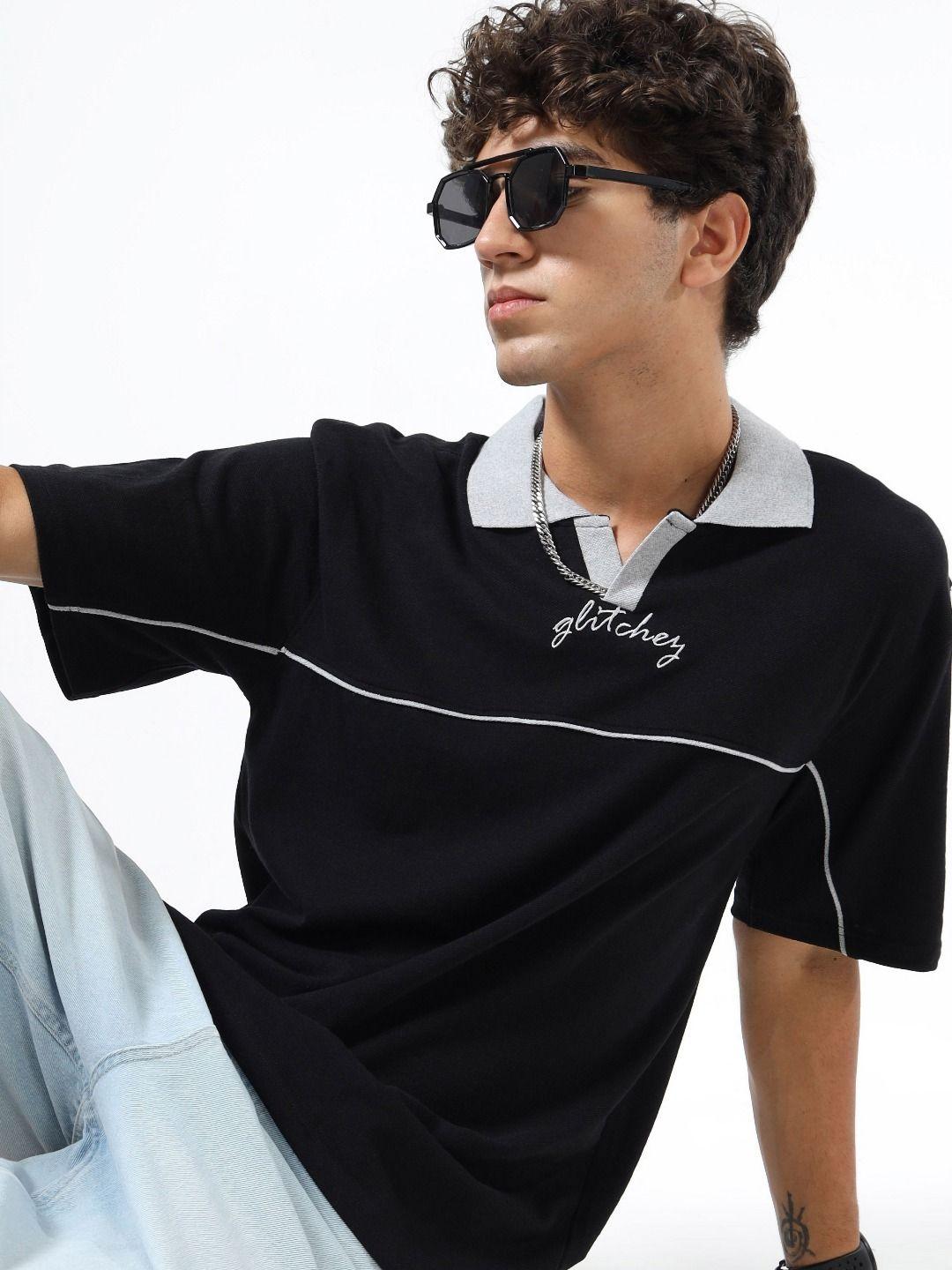 glitchez Typography Printed Polo Collar Oversized T-shirt - Image 1