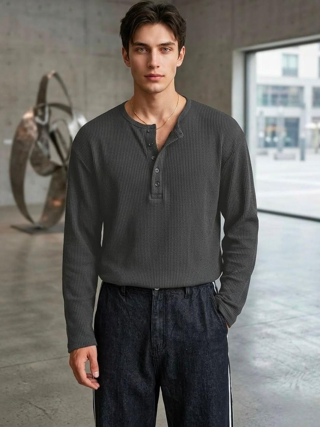 Else and What Men Textured Long Sleeves Cotton T-shirt