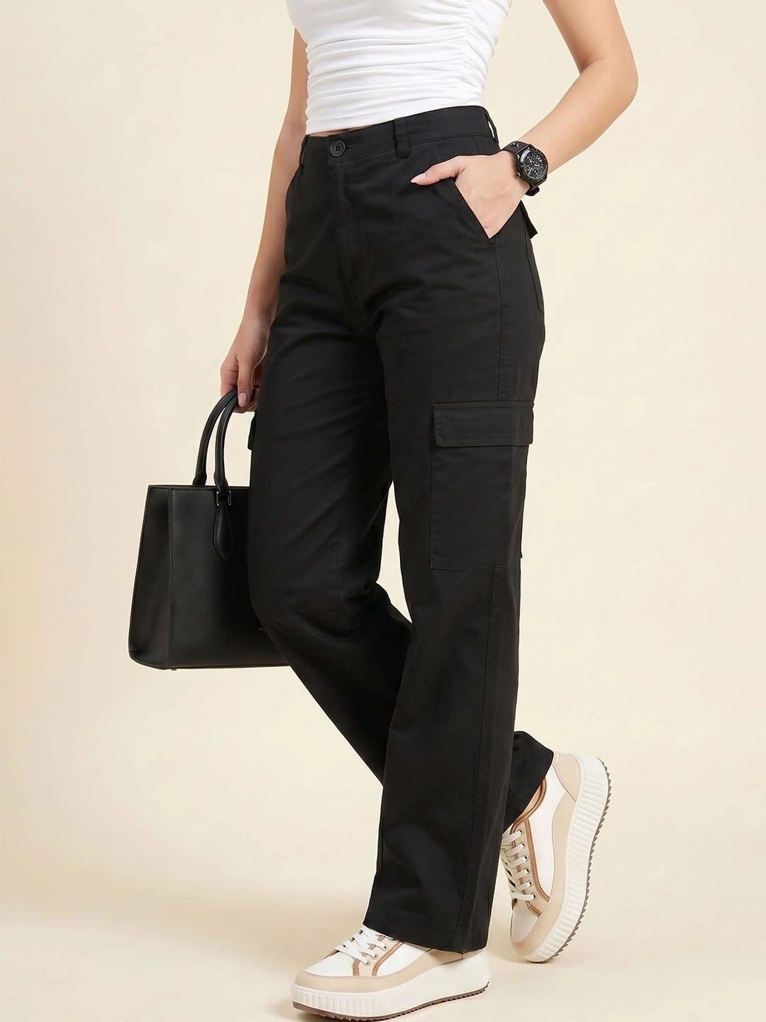 JUNEBERRY Women Solid Black Relaxed Straight Leg Cargos Trousers