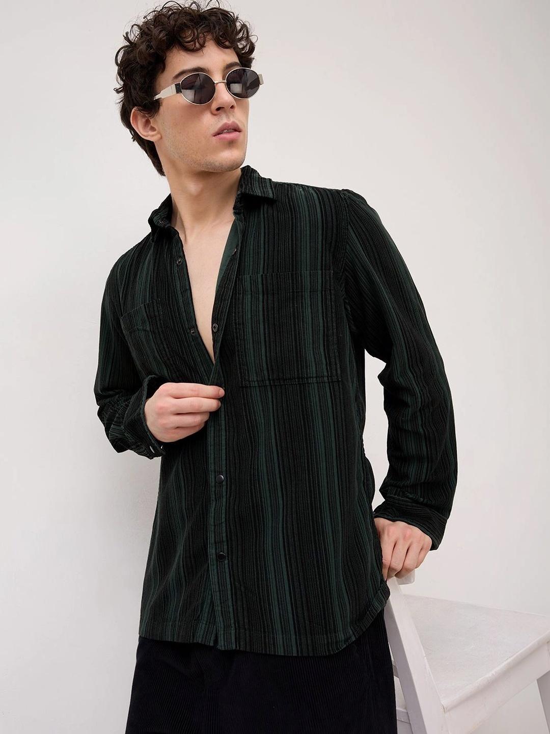 VASTRADO Dark Green Striped Corduroy Shirt - Image 1