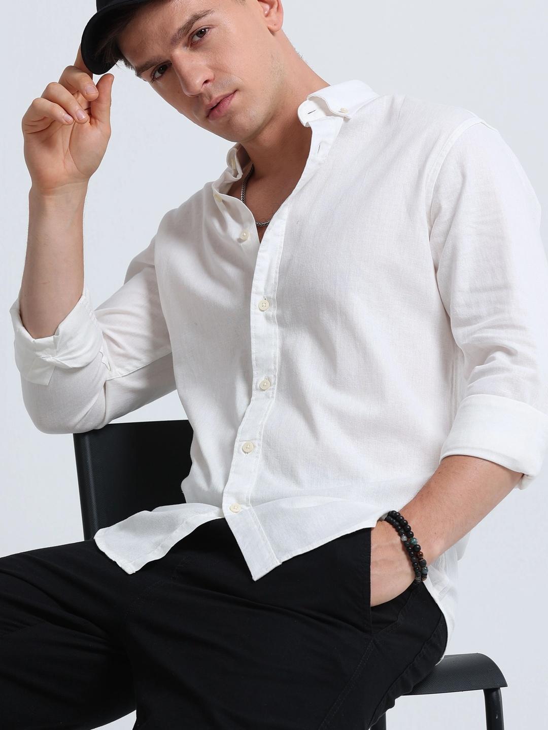Blu MNKY Slim Fit White Cotton Linen Shirt - Image 1