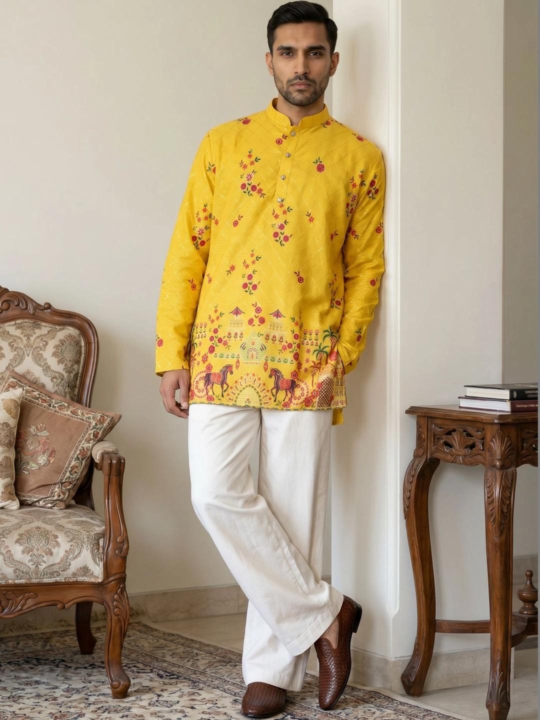 Jompers Men Cotton Blend Printed Short Kurta with Korean Pants - Image 1