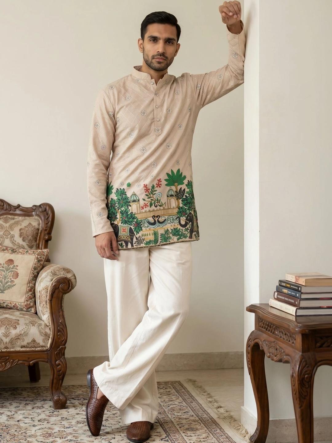 Jompers Men Cotton Blend Printed Short Kurta with Korean Pants - Image 1