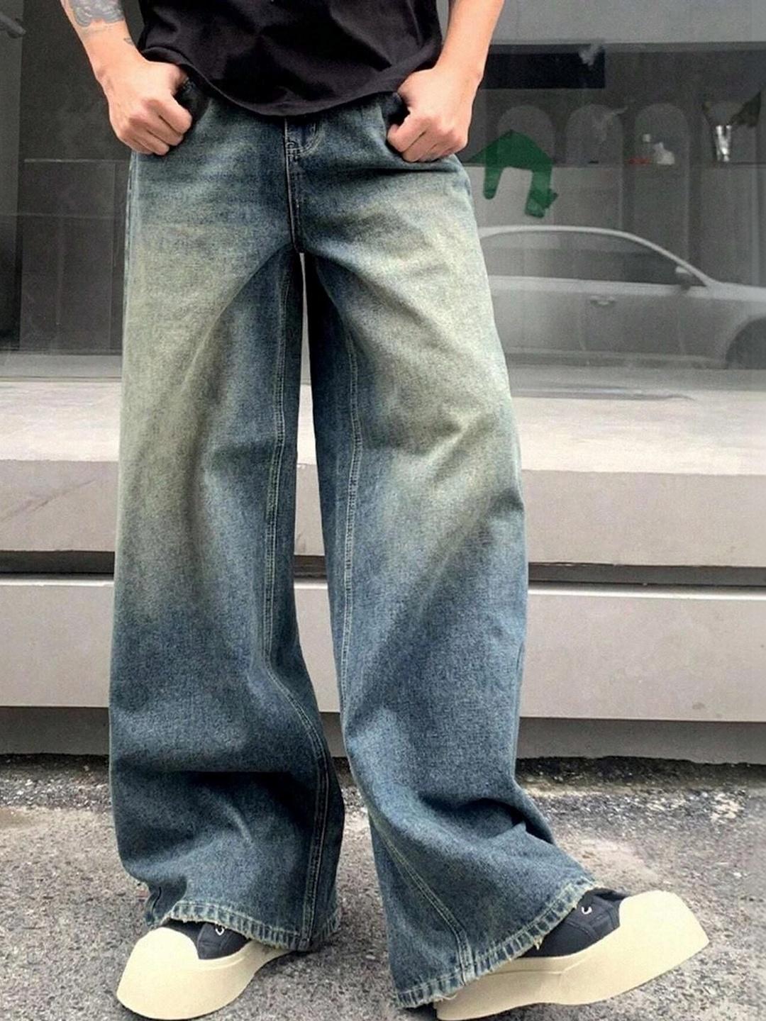 Mast & Harbour Men Wide Leg Mid-Rise Low Distress Cotton Jeans