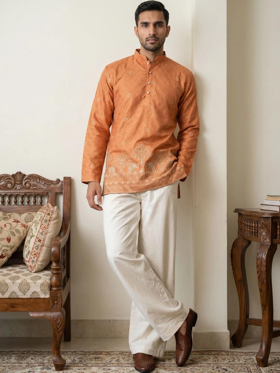 Jompers Men Printed Thread Work Short Kurta with Korean Pants - Image 1