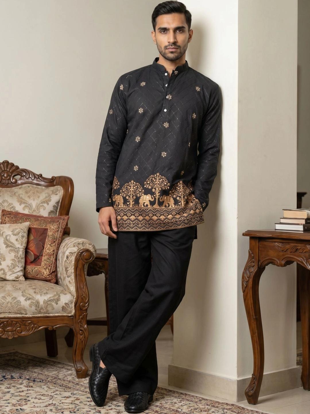 Jompers Men Printed Thread Work Kurta with Korean Pants