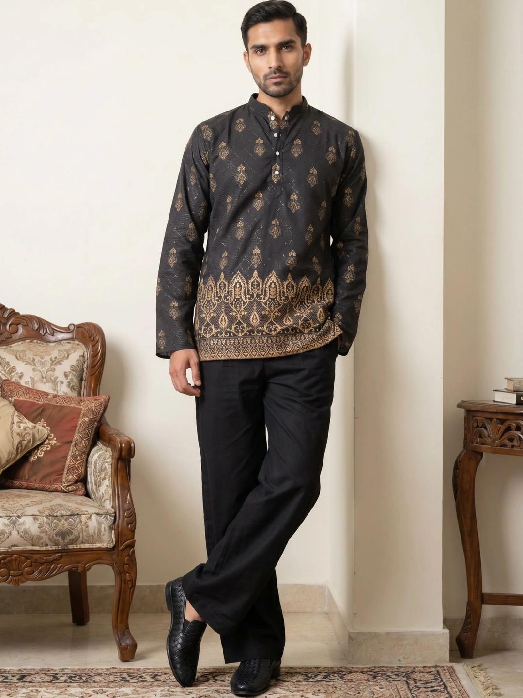 Jompers Men Printed Short Kurta with Korean Pants - Image 1