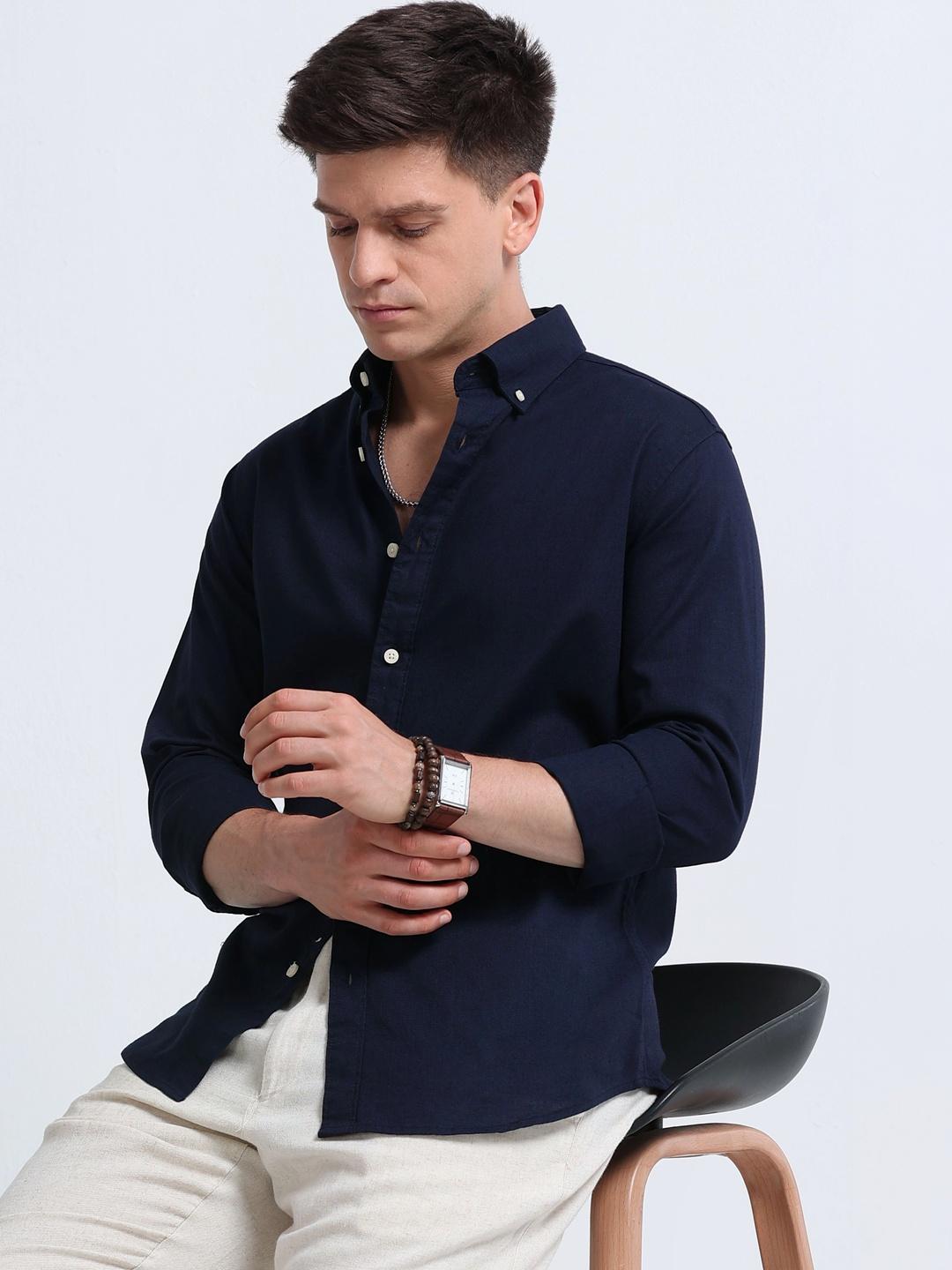 Blu MNKY Slim Fit Navy Cotton Linen Shirt - Image 1