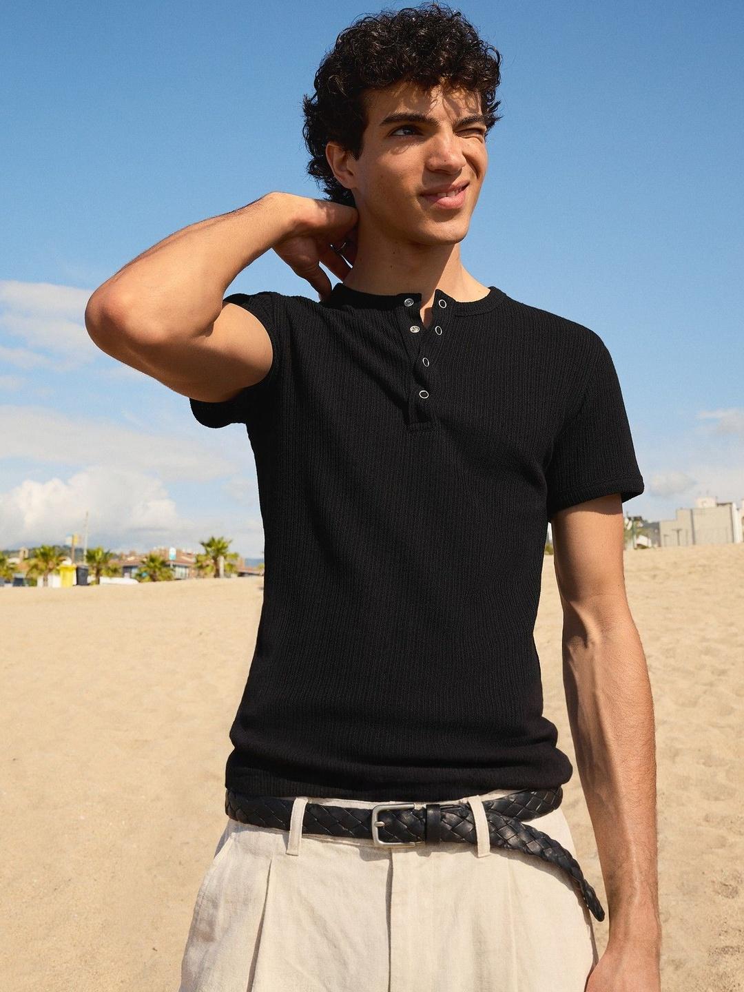 Bershka Textured Henley T-shirt - Image 1